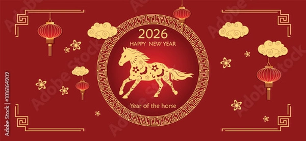 Fototapeta Chinese traditional red pattern round frame with horse silhouette symbol 2026 year clouds, lantern, asian elements on red background. Greeting vector card template.