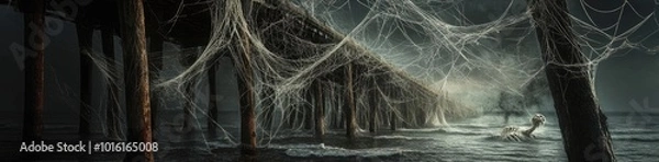 Fototapeta A haunting view of a dilapidated pier entangled in webs, creating an eerie atmosphere over the calm ocean waters.