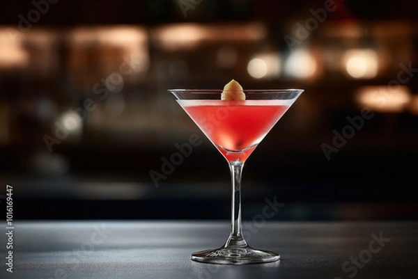 Fototapeta Close-up of a red cocktail in a martini glass garnished with a twist, set against a blurred background with warm lighting.