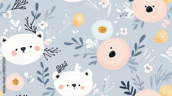 Fototapeta Simplified floral designs in soft blues and grays, modern aesthetic, ideal for contemporary decor or artistic inspiration.