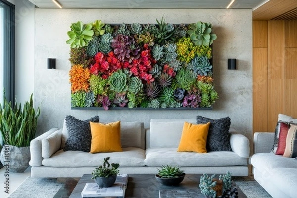 Fototapeta A vibrant, colorful succulent wall art piece takes center stage above a modern gray sofa, accented with bold, orange pillows, creating a lively, artistic living space.
