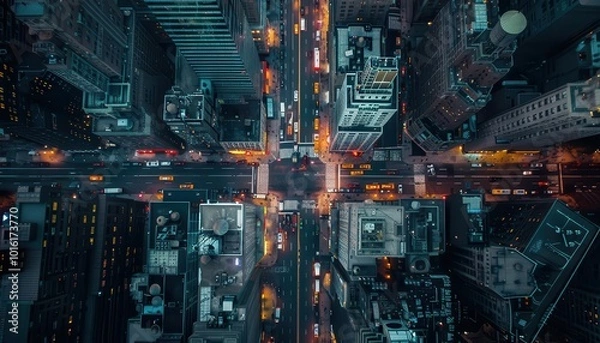 Fototapeta Drone footage capturing the city's vastness, expansive and dynamic, Urban, Cool tones, Photograph, Aerial perspective