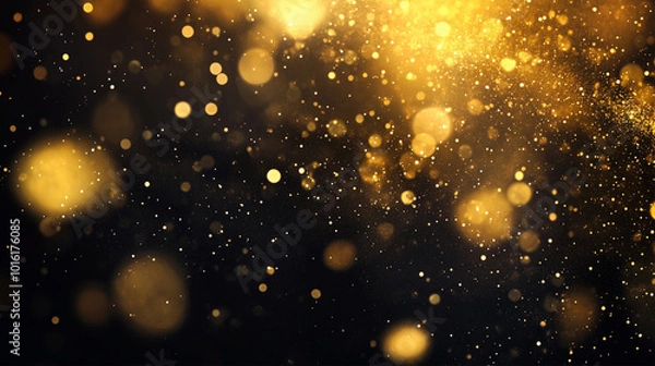 Fototapeta Abstract background with golden bokeh and glitters, decorative art with glow and sequins falling. Banner, wallpaper, luxury award ceremonies and events backdrops.