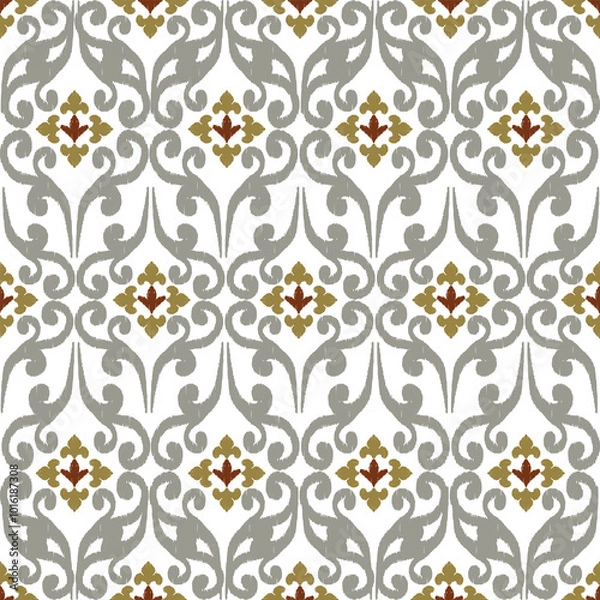 Obraz Grey, yellow, white embroidery, motif ethnic ikat seamless textile illustration, print striped ornament, pattern, design for wrapping, silk, scarf, clothing, background, textile, carpets, curtains.