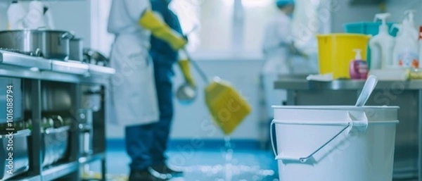Fototapeta Workers in yellow gloves clean a modern kitchen, with focus on a bucket filled to the brim, reflecting a busy, industrious atmosphere.