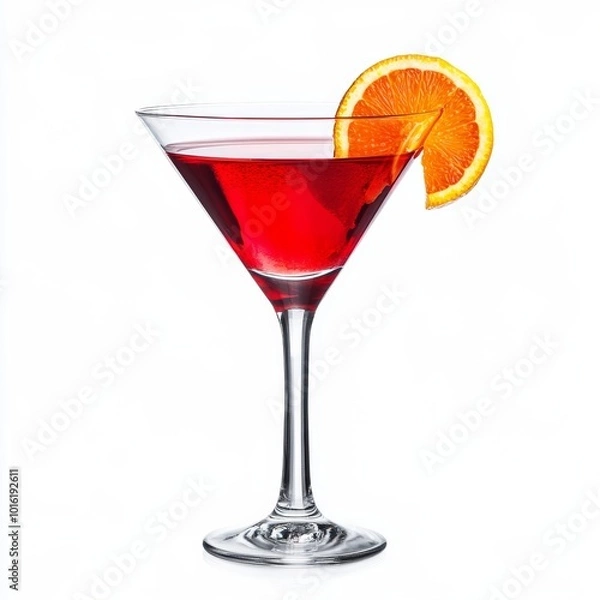 Fototapeta Bright red cosmopolitan cocktail with a citrus twist garnish in a sleek glass isolated on white background 