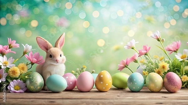 Fototapeta A fluffy white bunny sits beside a row of brightly colored Easter eggs, surrounded by delicate spring flowers, a whimsical celebration of rebirth and new beginnings.