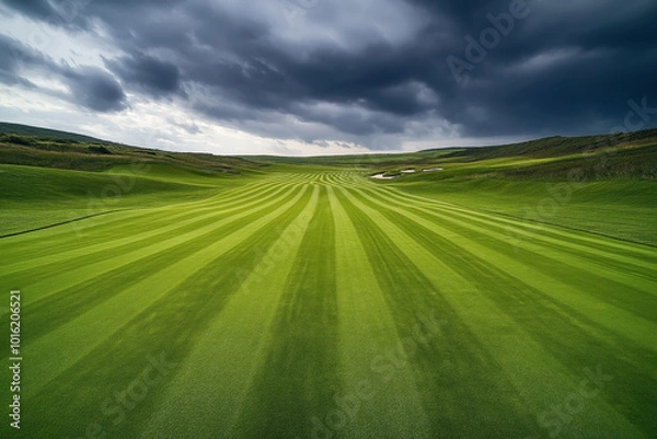 Fototapeta Pristine golf course fairway with meticulously striped grass, surrounded by lush hills under a dramatic, cloudy sky.