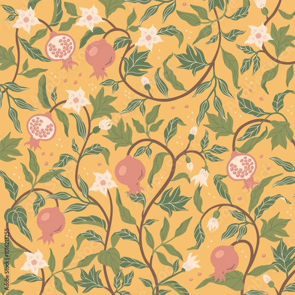 Obraz Pomegranate leaf seamless pattern. Pattern vector illustration. Vector illustration of pomegranate fruit. Garnet vector.
