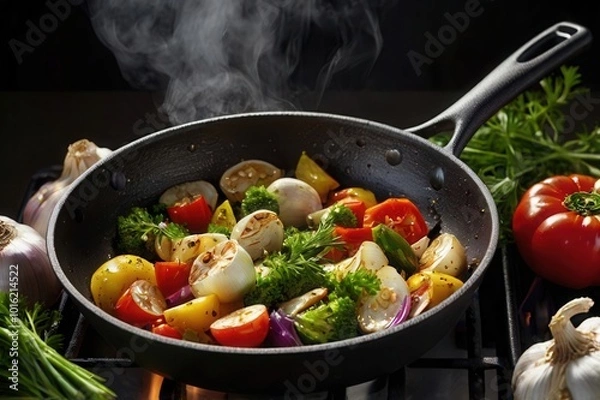 Fototapeta a pan of vegetables cooking on a stove with a steam coming out of the pan