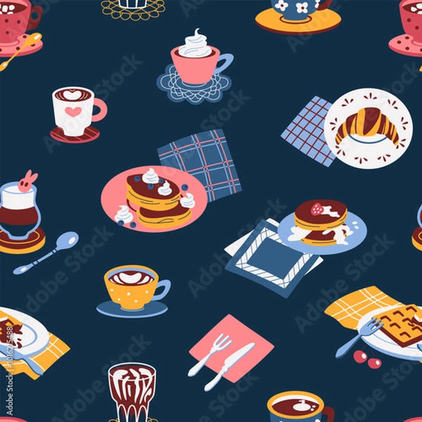 Fototapeta Abstract seamless pattern sweet breakfast. Pancakes with berries on plate, cup of hot and cold coffee. Vector illustration.
