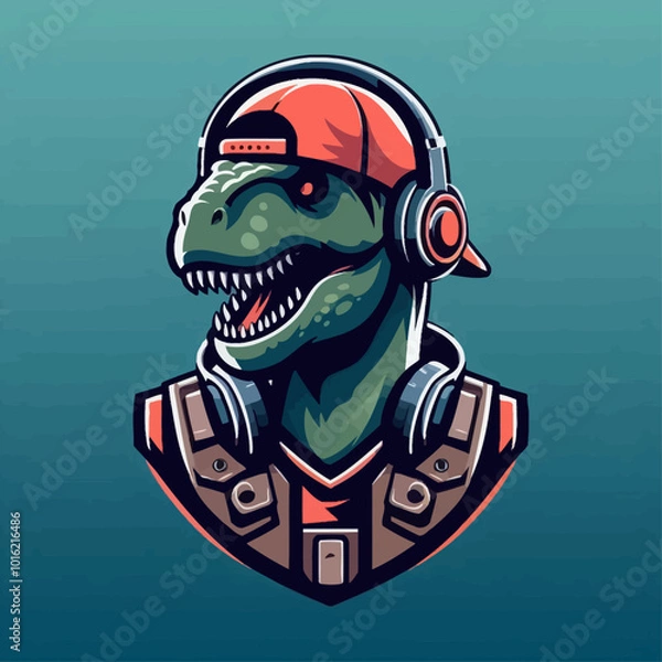 Fototapeta A vibrant, cartoon-style dinosaur wearing headphones and a cap, combining elements of hip-hop culture and Jurassic themes.
