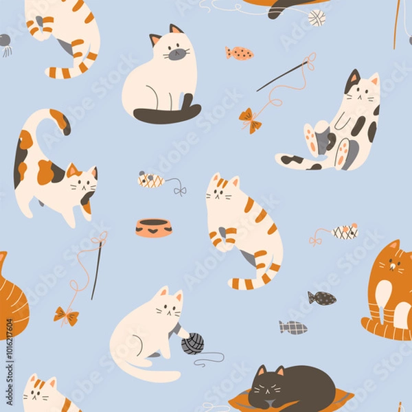 Obraz Cute seamless pattern with cats in doodle style. Hand drawn vector illustration.