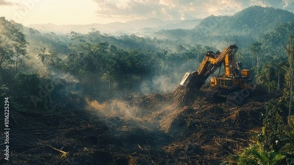 Fototapeta Industrial machines tearing into a forest, visualizing deforestation and the environmental cost of development