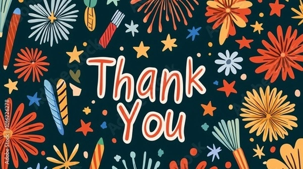 Fototapeta A vibrant, colorful design featuring various flowers and a prominent "Thank You" message in the center.