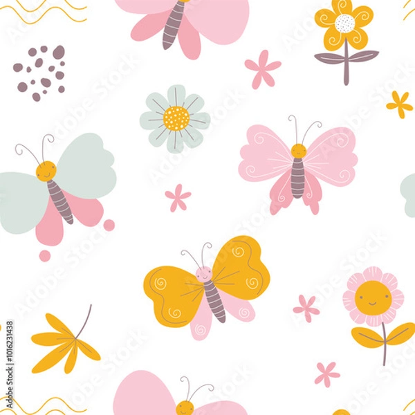Obraz Cute seamless pattern on floral and butterfly theme. cute floral pattern in hand drawn style. suitable for baby designs