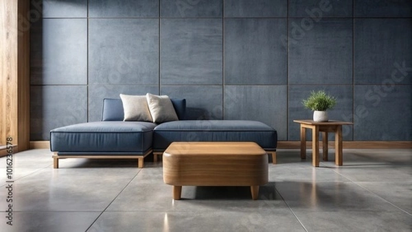 Fototapeta Modern monochrome lounge with wooden accents and indigo ottoman on grey tiled floor