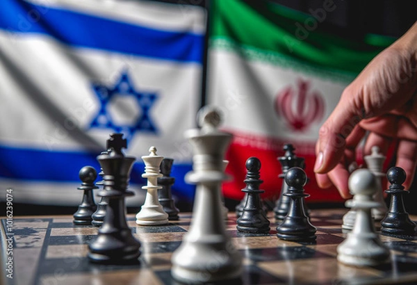 Fototapeta A game of Chess, with the flags of Israel and Iran. War between Israel and Iran.