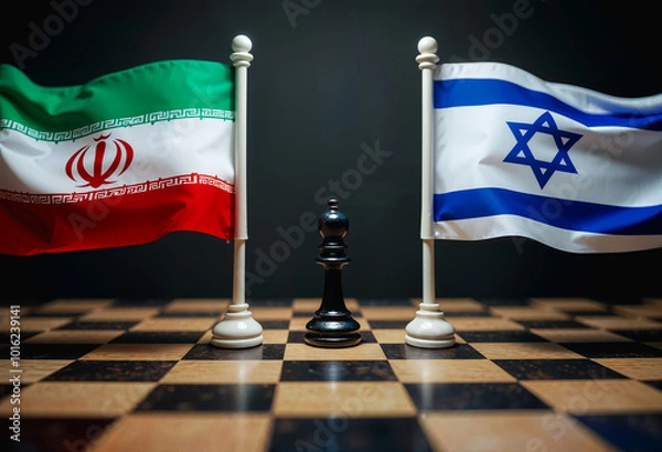 Fototapeta A game of Chess, with the flags of Israel and Iran. War between Israel and Iran.