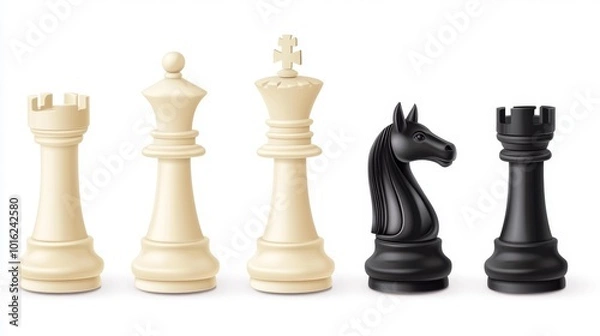 Fototapeta Realistic Chess Pieces on White Background Detailed Set of Black and White Chess Figures Including Rook Knight Queen and King. Generative AI