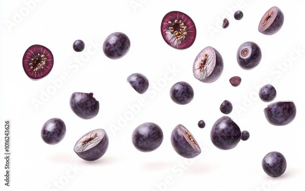 Fototapeta Falling acai berry halves and whole berries on white background realistic healthy fruit concept isolated. Generative AI