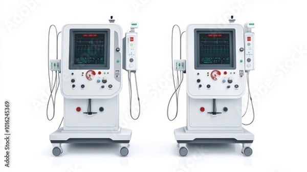 Fototapeta Dual hemodialysis machines isolated on a white background ideal for healthcare medical technology and equipment presentations or product catalogs.. Generative AI