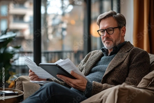 Fototapeta Middle-aged man in business casual attire reading on a tablet by the window with an urban cityscape view