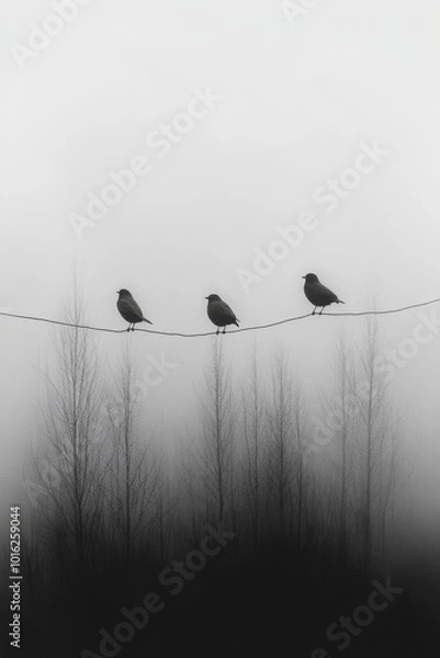 Fototapeta Tres pájaros se posan en un cable sobre un paisaje boscoso cubierto de niebla. La escena minimalista transmite una sensación de tranquilidad y misterio en un ambiente oscuro y melancólico.

