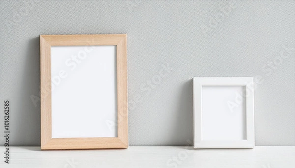 Fototapeta Two empty white picture frames with wooden frame leaning on cement wall. Blank poster. Mock-up