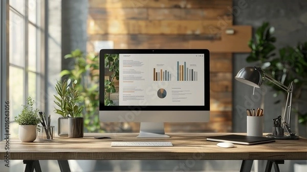 Fototapeta Modern Minimalist Office Desk with Presentation Display