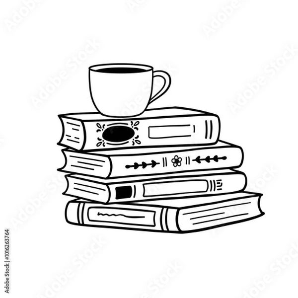Fototapeta Stack of books with cup of coffee, cozy hand drawn vector illustration. Reading and drinking coffee