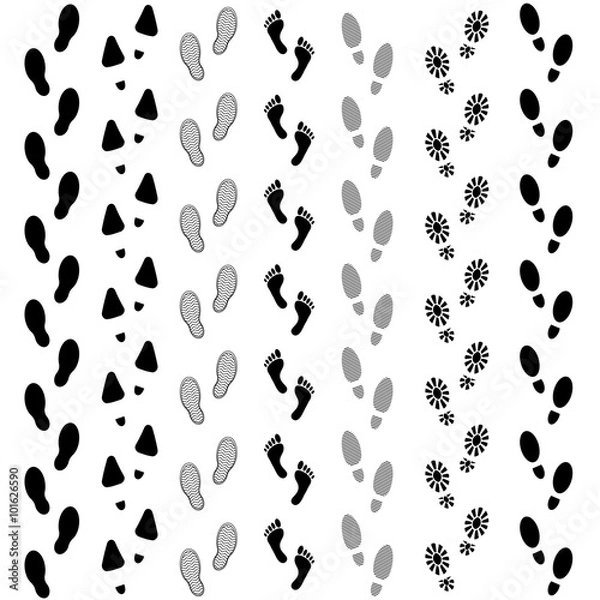 Fototapeta Vector set of human footprints icon. Collection of bare foots, boots, sneakers, shoes with heels. Design for frames, textile, fabric, invitation and greeting cards, booklets and brochures