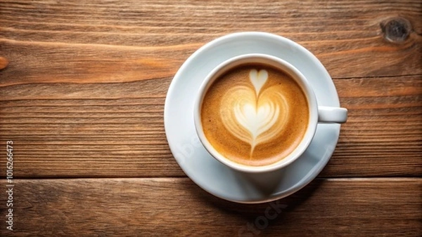 Fototapeta Heart shaped coffee in cup with saucer from above aerial view