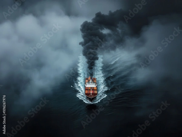 Fototapeta An aerial view of a cargo ship cutting through foggy seas, its smokestack releasing plumes of dark smoke, reflecting industrial power and maritime trade in motion.