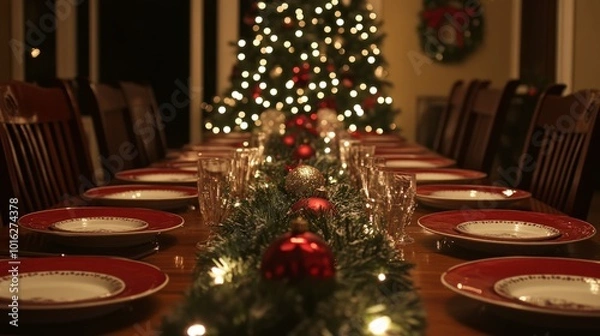 Fototapeta Beautifully decorated Christmas dinner table, featuring red and white plates, garland centerpieces, and twinkling string lights in the background.