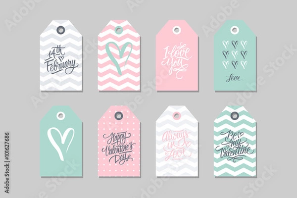 Fototapeta Collection of Happy Valentines day gift tags. Set of hand drawn holiday label in blue, pink, white and grey. Romantic badge design. Vector illustration.