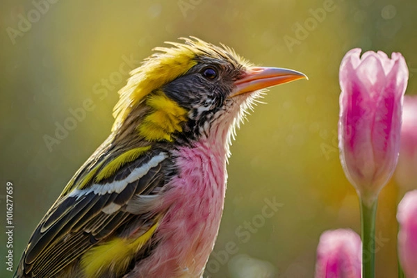 Obraz Vibrant Songbird Perched Beside Blooming Tulip in Spring Garden