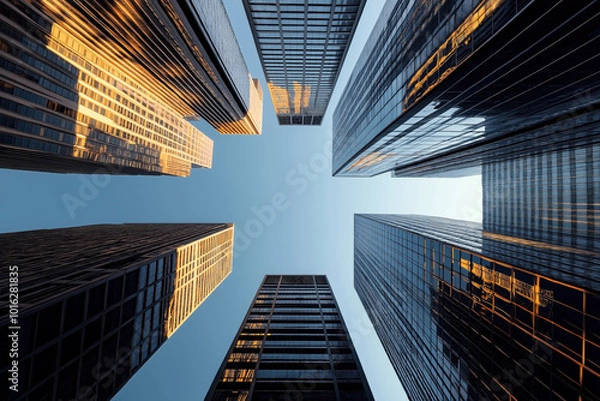 Fototapeta Low-angle view of modern high-rise buildings with reflective glass windows during sunset, forming a symmetrical urban canyon against a clear sky.