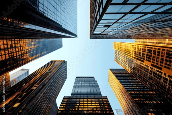 Fototapeta Low-angle view of modern skyscrapers with reflective glass facades against clear sky, with sunlight reflecting on buildings creating a vibrant urban scene.