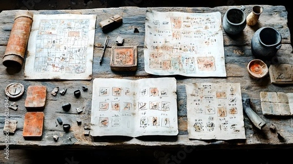 Fototapeta Assortment of Vintage Maps Scrolls and Archaeological Artifacts Displayed on a Weathered Wooden Table Surface