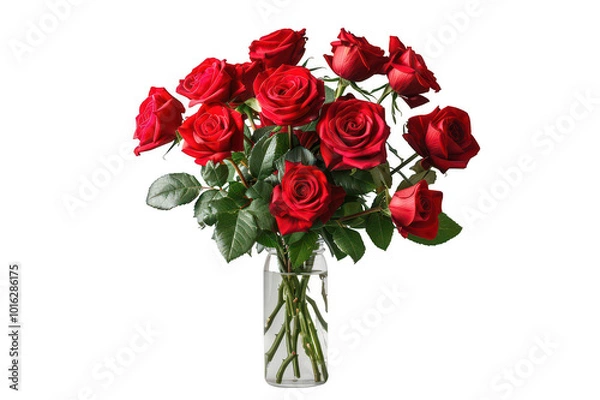 Fototapeta Bouquet of scarlet roses in a glass vase, on a transparent background