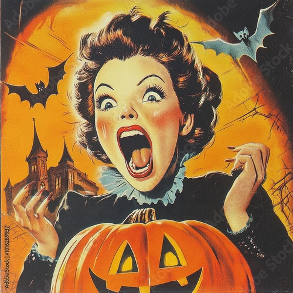 Obraz 1950s_halloween_card_vintage_lady_screaming