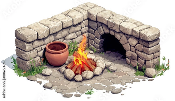 Fototapeta Isometric, grey stone blocks, gray stone wall blocks with an old cooking fire and clay pot, cartoon style game asset.
