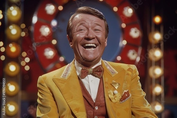 Fototapeta A TV game show host laughing uncontrollably after accidentally mispronouncing a contestanta??s name in an embarrassing way.