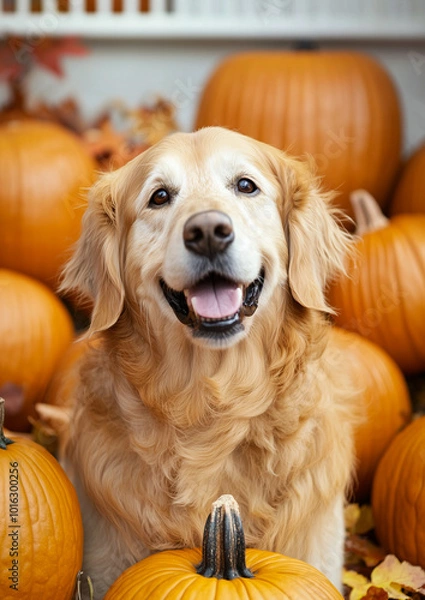 Obraz Golden Retriever Portrait with lots of Pumkins