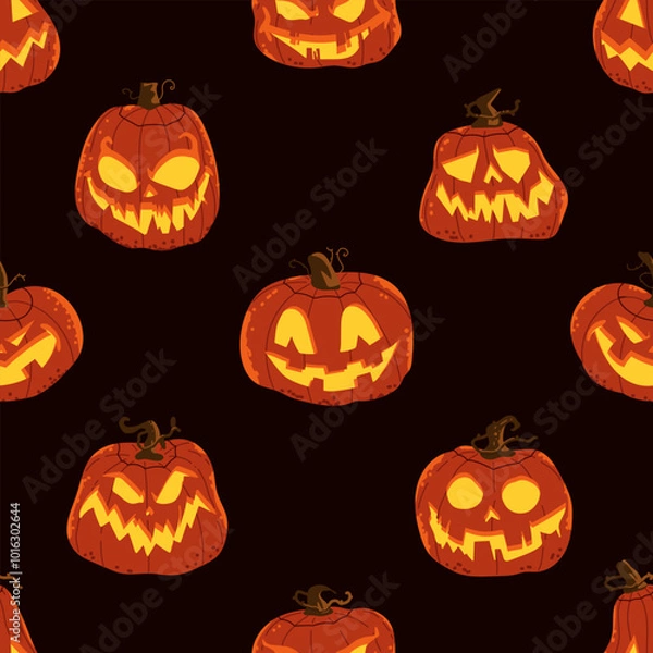 Obraz Halloween glowing pumpkins vector cartoon seamless pattern background.