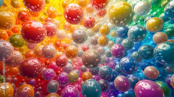 Fototapeta Abstract gradient background with neon colors balls,Various glass marbles, Abstract crystalline balls of hydrogel for the background,Illustration for brochure, cover, poster, presentation or banner
