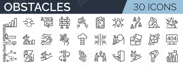 Fototapeta Set of 30 outline icons related to obstacles. Linear icon collection. Editable stroke. Vector illustration