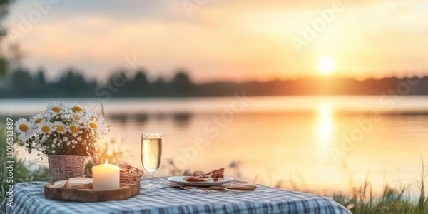 Fototapeta A serene lakeside table set with a candle, flowers, and refreshments as the sun sets beautifully over the water.