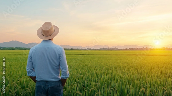 Fototapeta A man in straw hat stands in lush green rice field, gazing at sunset over mountains. serene landscape evokes sense of peace and connection to nature